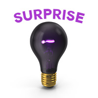 The word Surprise above a black lightbulb