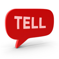 The word Tell in a red cartoon speech bubble